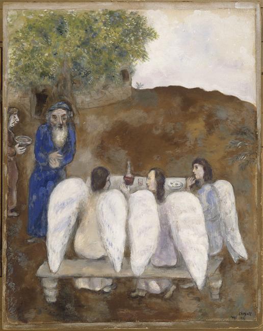 Wikioo.org - Bách khoa toàn thư về mỹ thuật - Vẽ tranh, Tác phẩm nghệ thuật Marc Chagall - Three angels visit Abraham