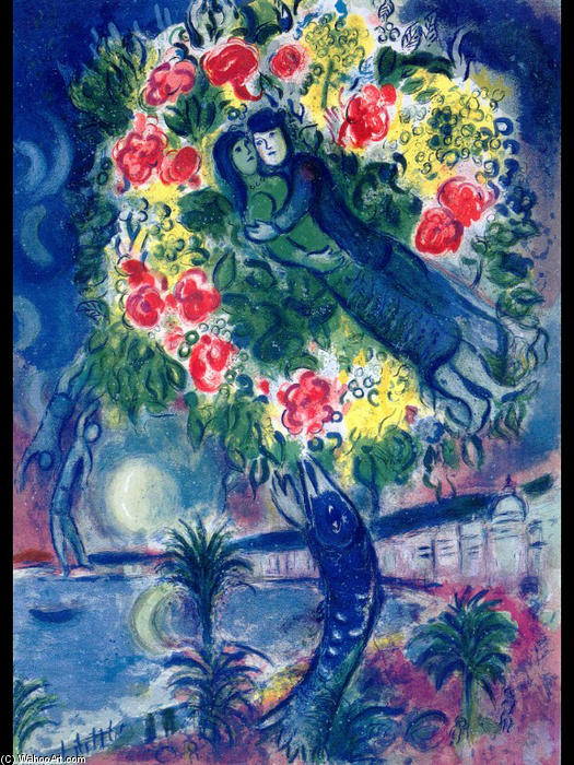 WikiOO.org - Encyclopedia of Fine Arts - Lukisan, Artwork Marc Chagall - Couple and Fish