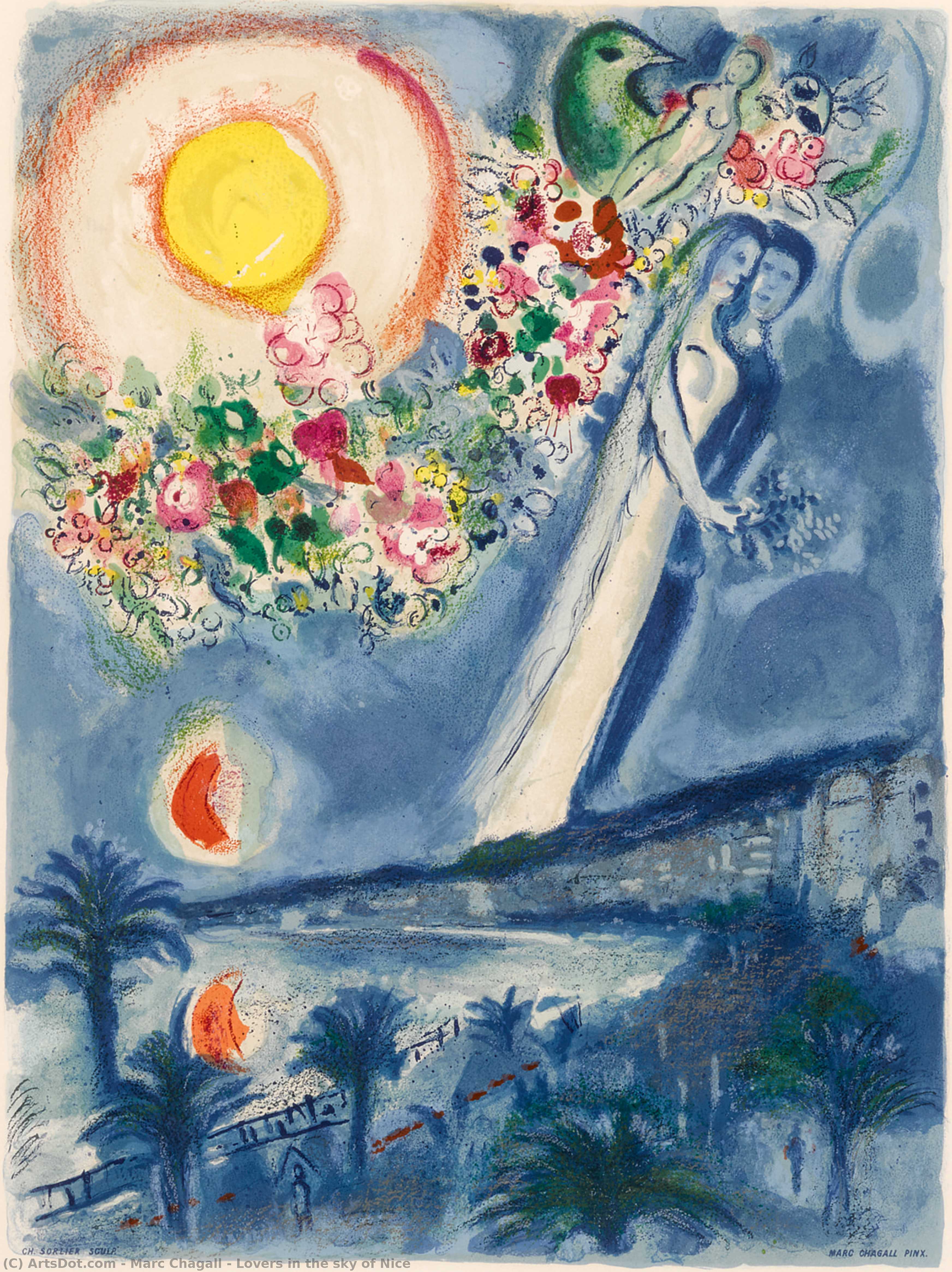 WikiOO.org - Εγκυκλοπαίδεια Καλών Τεχνών - Ζωγραφική, έργα τέχνης Marc Chagall - Lovers in the sky of Nice