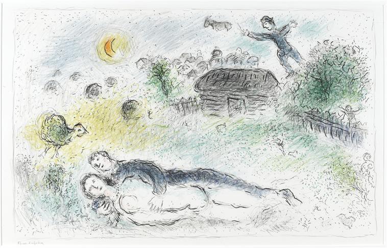 Wikioo.org - The Encyclopedia of Fine Arts - Painting, Artwork by Marc Chagall - Lovers near isba