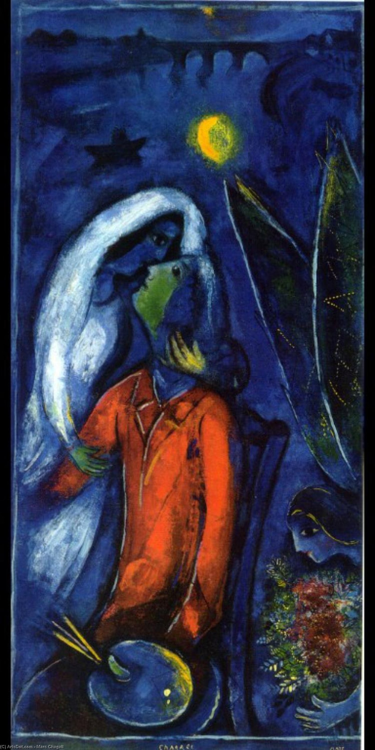 WikiOO.org - Enciclopédia das Belas Artes - Pintura, Arte por Marc Chagall - Lovers near Bridge