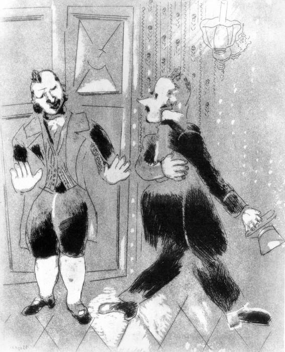 WikiOO.org - Enciklopedija likovnih umjetnosti - Slikarstvo, umjetnička djela Marc Chagall - A doorman doesn't permit Tchitchikov to visit a governor