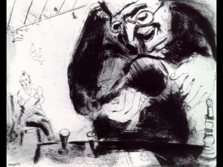 Wikioo.org - The Encyclopedia of Fine Arts - Painting, Artwork by Marc Chagall - Pliushkin treats Tchtchikov