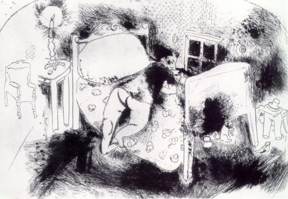 WikiOO.org - Enciclopédia das Belas Artes - Pintura, Arte por Marc Chagall - Tchitchikov on his bed