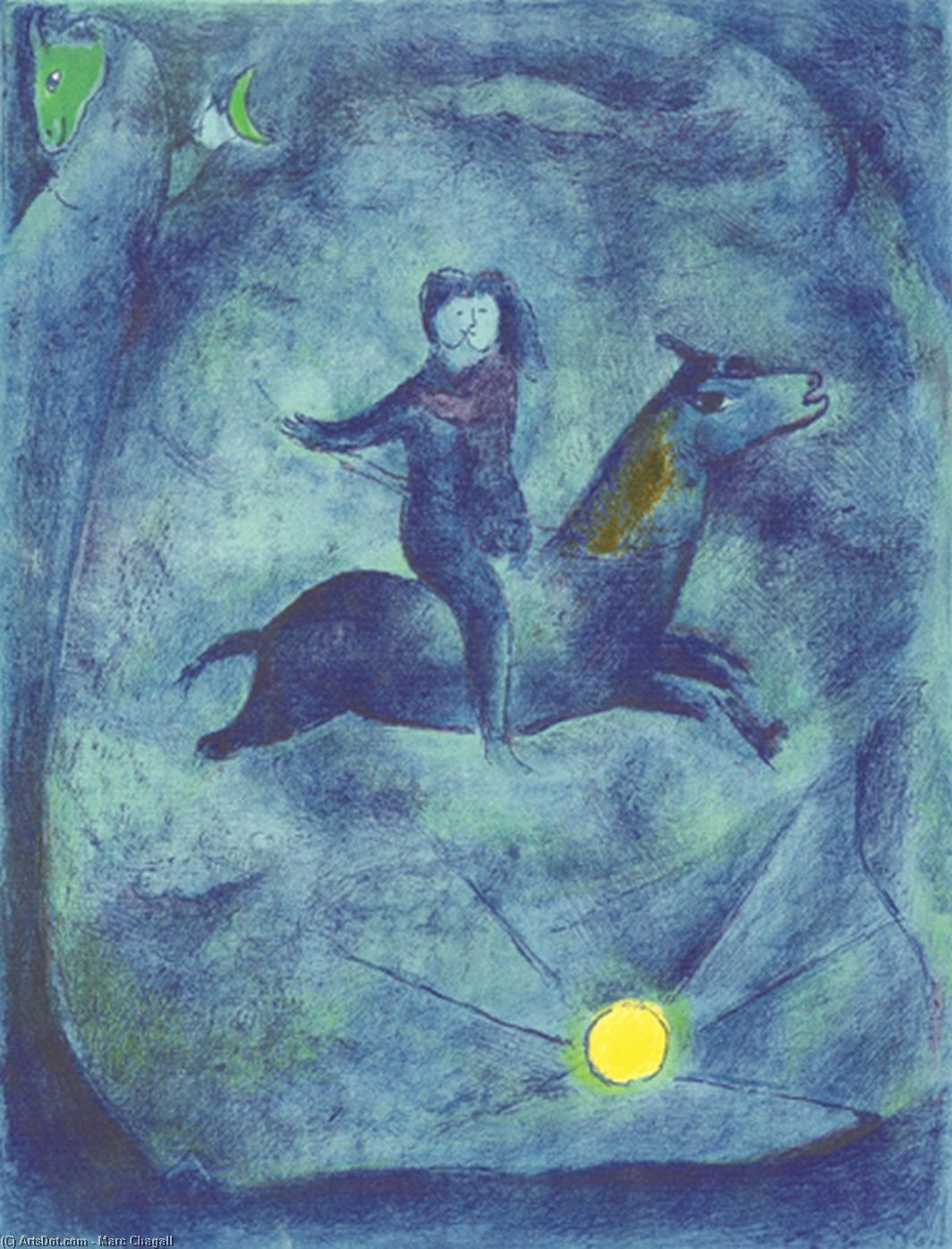 WikiOO.org - Encyclopedia of Fine Arts - Malba, Artwork Marc Chagall - Mounting the ebony horse...