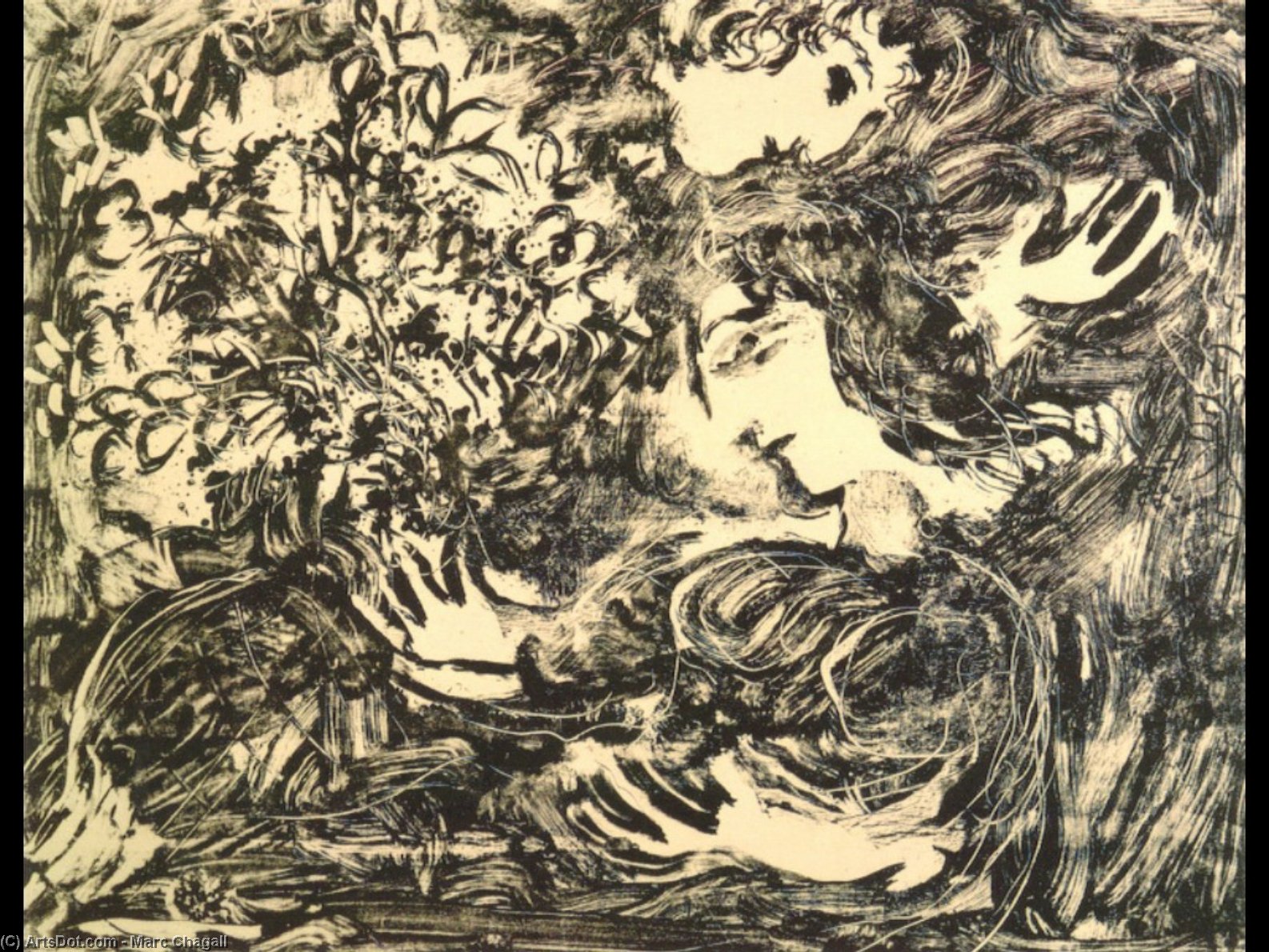 Wikioo.org – La Enciclopedia de las Bellas Artes - Pintura, Obras de arte de Marc Chagall - amantes con ramo de flores bajo el arboles