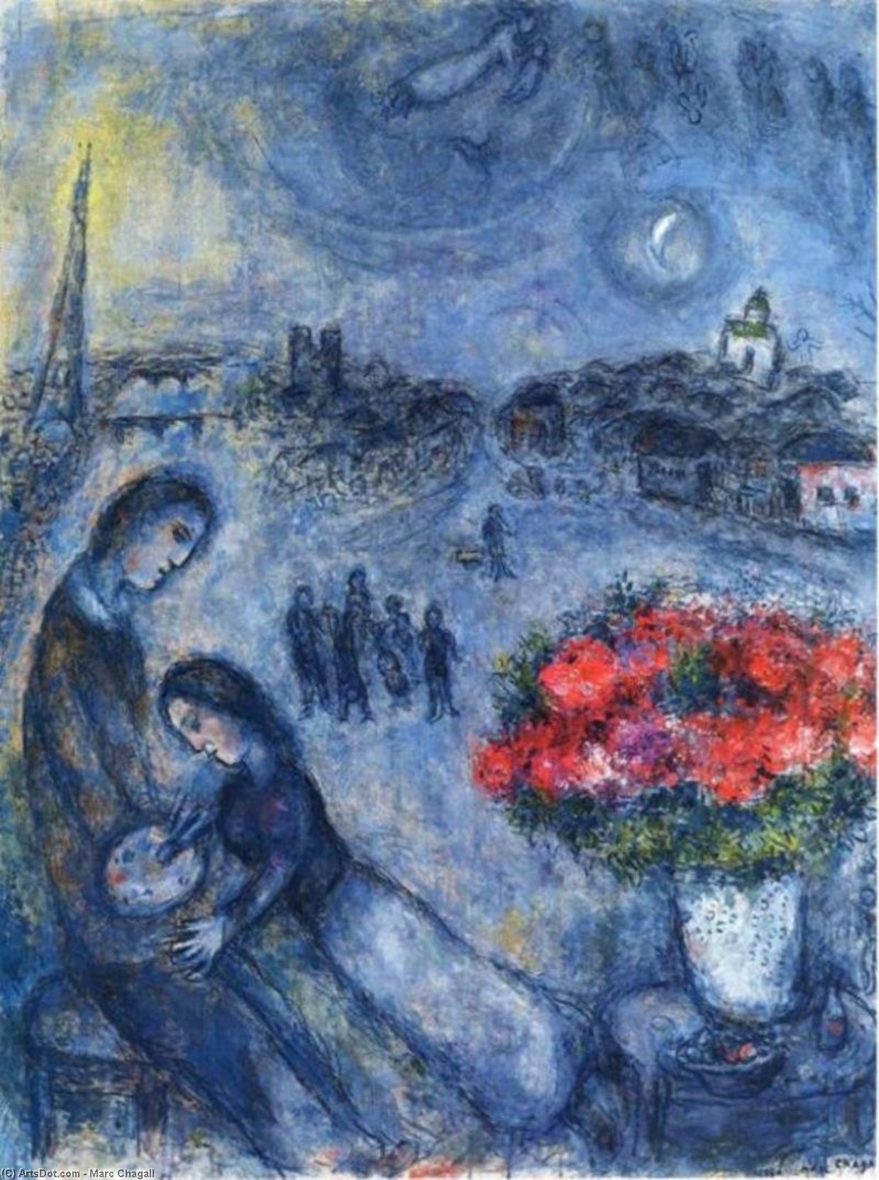 Wikioo.org - The Encyclopedia of Fine Arts - Painting, Artwork by Marc Chagall - Newlyweds with Paris in the Background