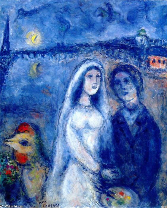 WikiOO.org - Энциклопедия изобразительного искусства - Живопись, Картины  Marc Chagall - Newlywedds с Эйфелевой полотенце на заднем плане