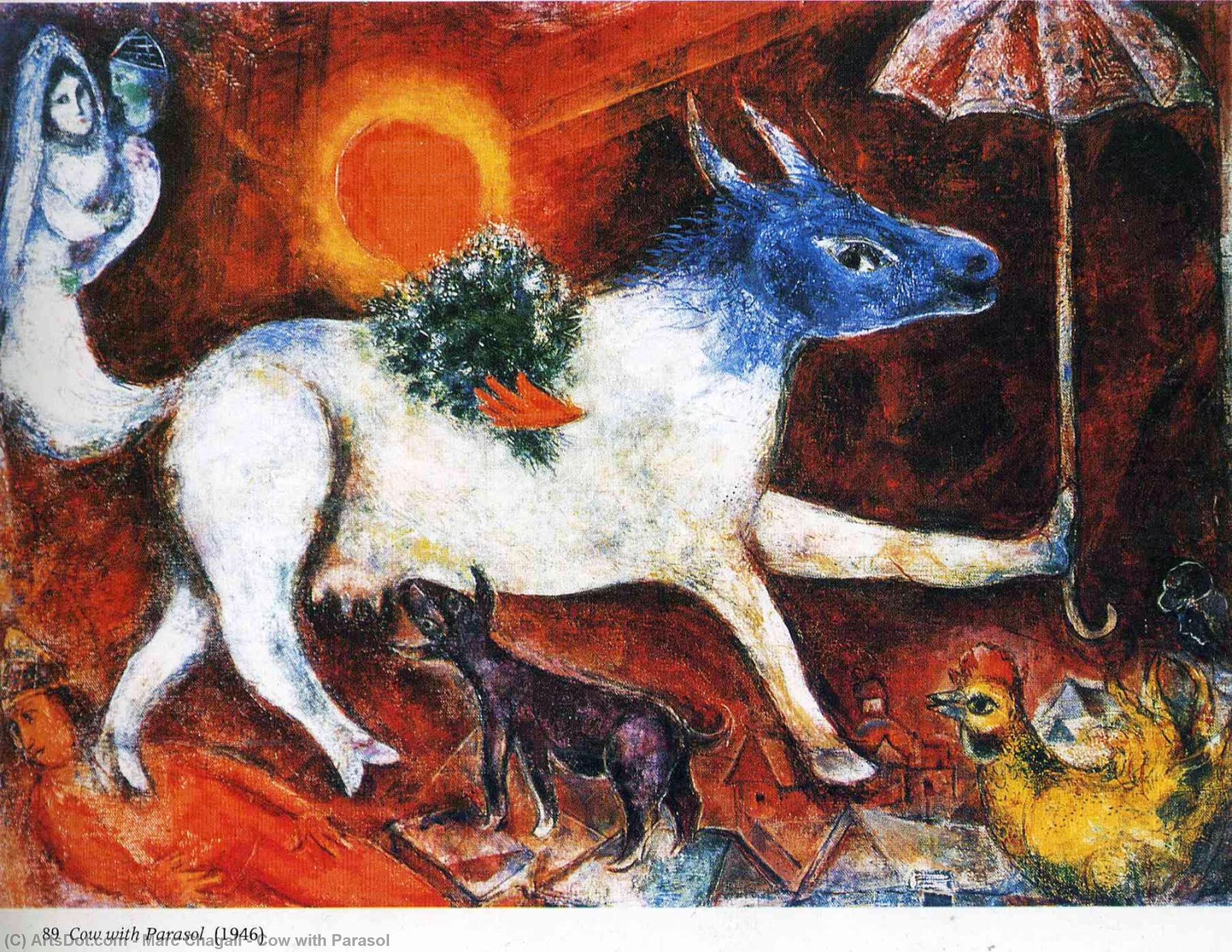 Wikoo.org - موسوعة الفنون الجميلة - اللوحة، العمل الفني Marc Chagall - Cow with Parasol