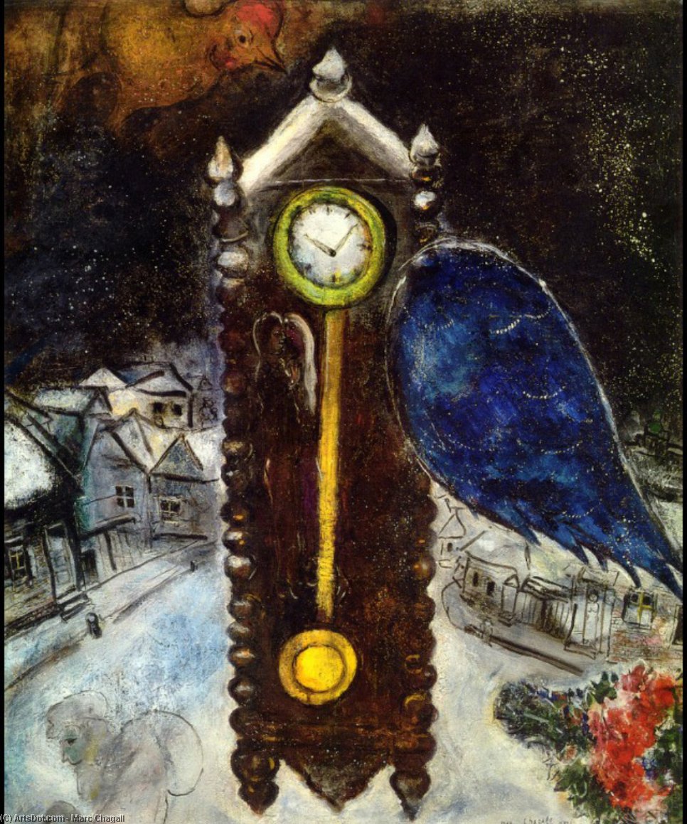 Wikioo.org - The Encyclopedia of Fine Arts - Painting, Artwork by Marc Chagall - Clock with Blue Wing