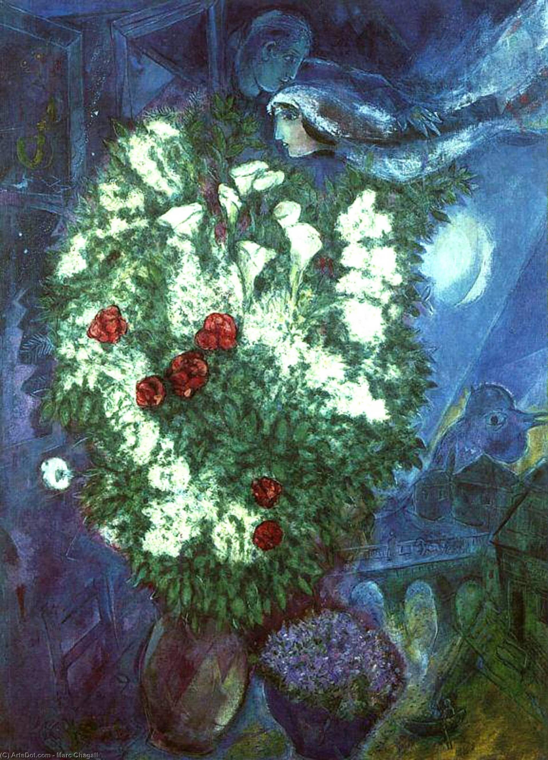 WikiOO.org – 美術百科全書 - 繪畫，作品 Marc Chagall - 花束 与  飞行  情侣
