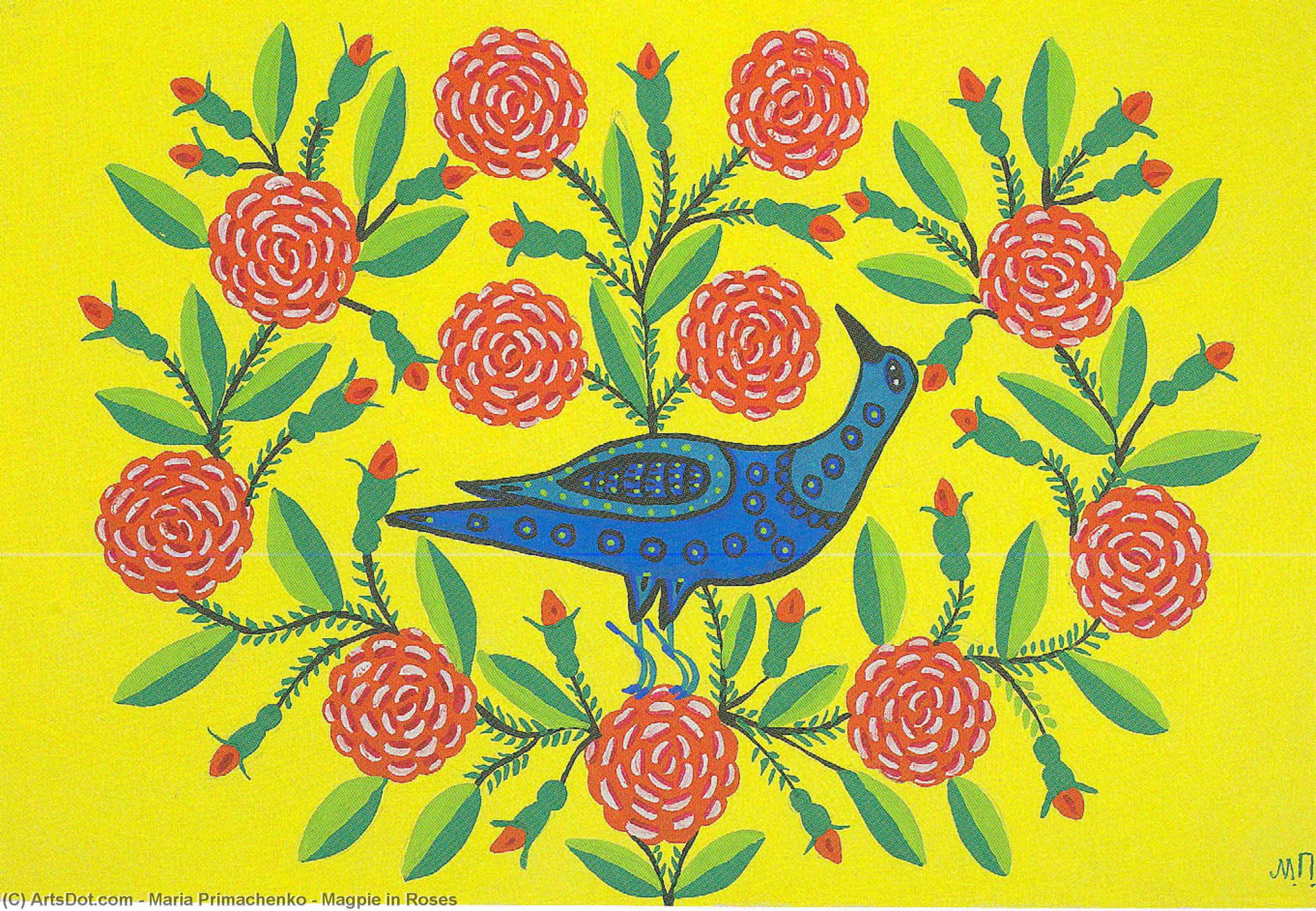 WikiOO.org - Encyclopedia of Fine Arts - Maľba, Artwork Maria Primachenko - Magpie in Roses