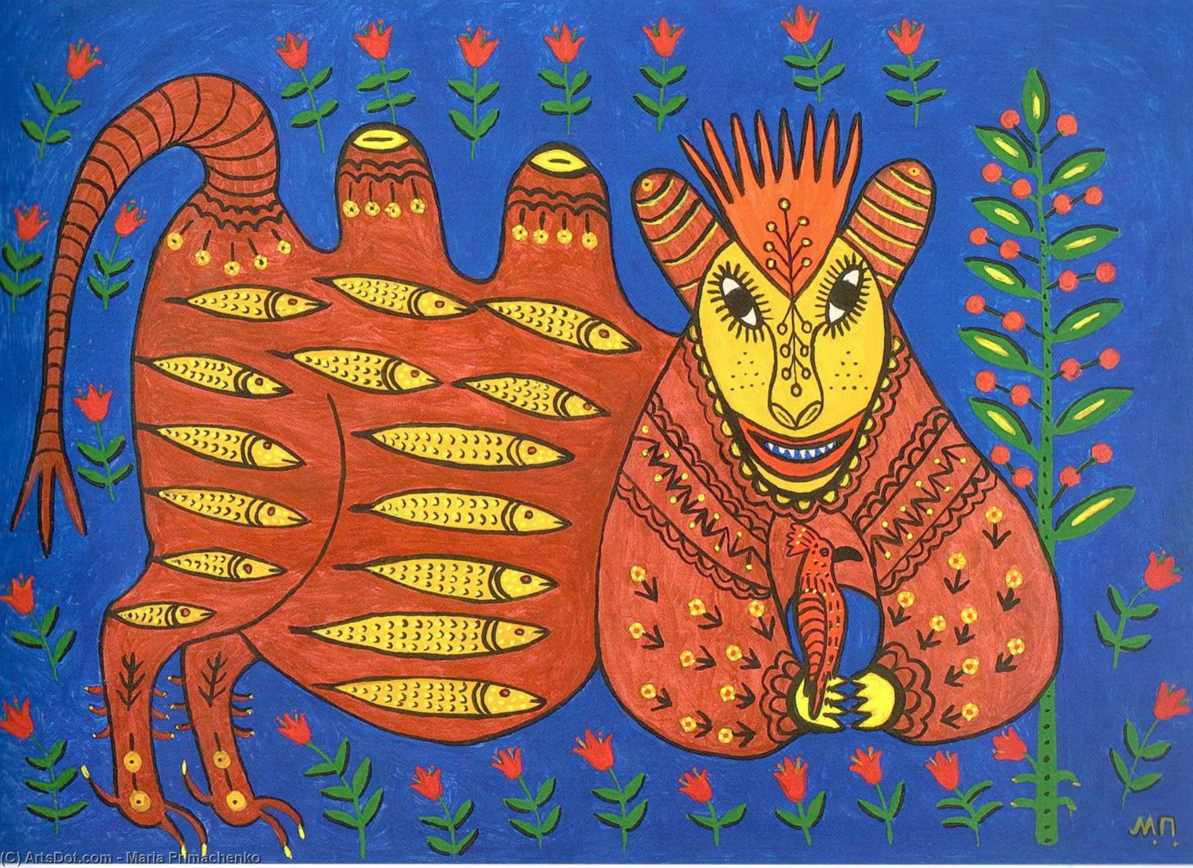 Wikioo.org - The Encyclopedia of Fine Arts - Painting, Artwork by Maria Primachenko - A Fish King Has Caught a Hoopoe and Is Full of Joy