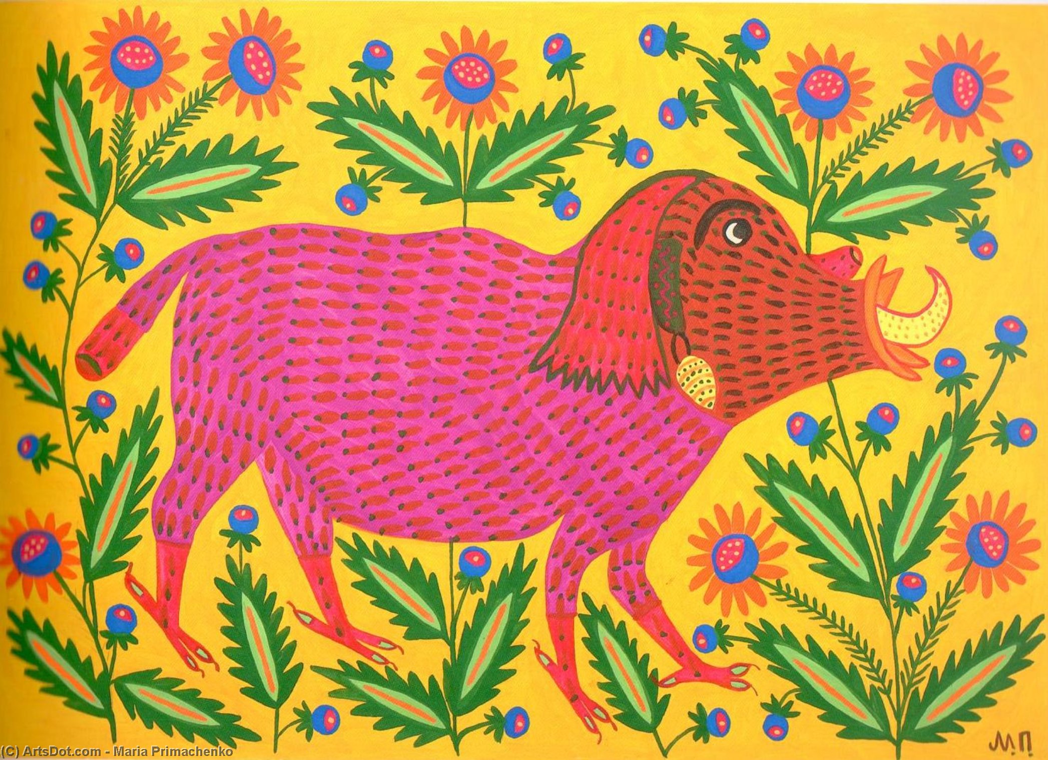WikiOO.org - Encyclopedia of Fine Arts - Maľba, Artwork Maria Primachenko - Another Beast Has Run Into Flowers