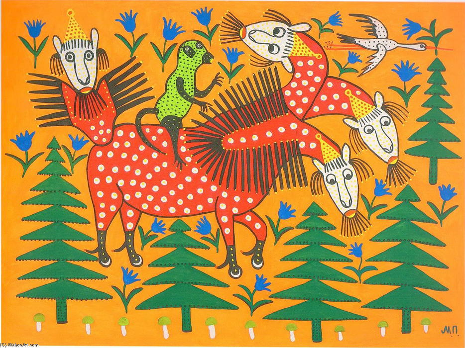 Wikoo.org - موسوعة الفنون الجميلة - اللوحة، العمل الفني Maria Primachenko - Monkey Riding a Four-Headed Beast