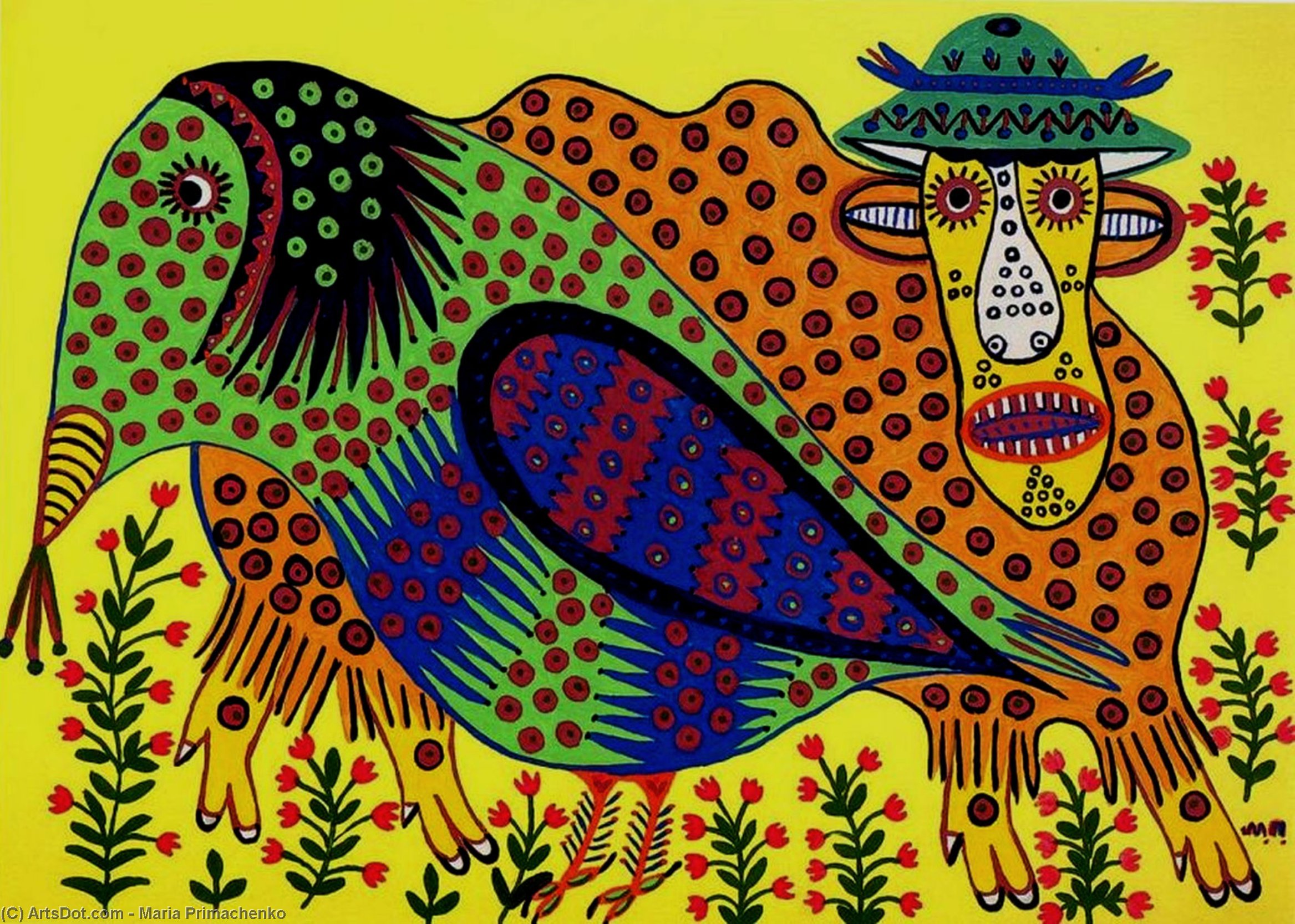 WikiOO.org - Encyclopedia of Fine Arts - Lukisan, Artwork Maria Primachenko - Wild Bull and Raven Are Friends