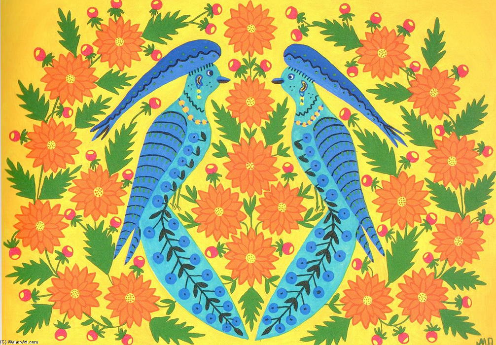 WikiOO.org - Encyclopedia of Fine Arts - Lukisan, Artwork Maria Primachenko - Blue Birds in Flowers