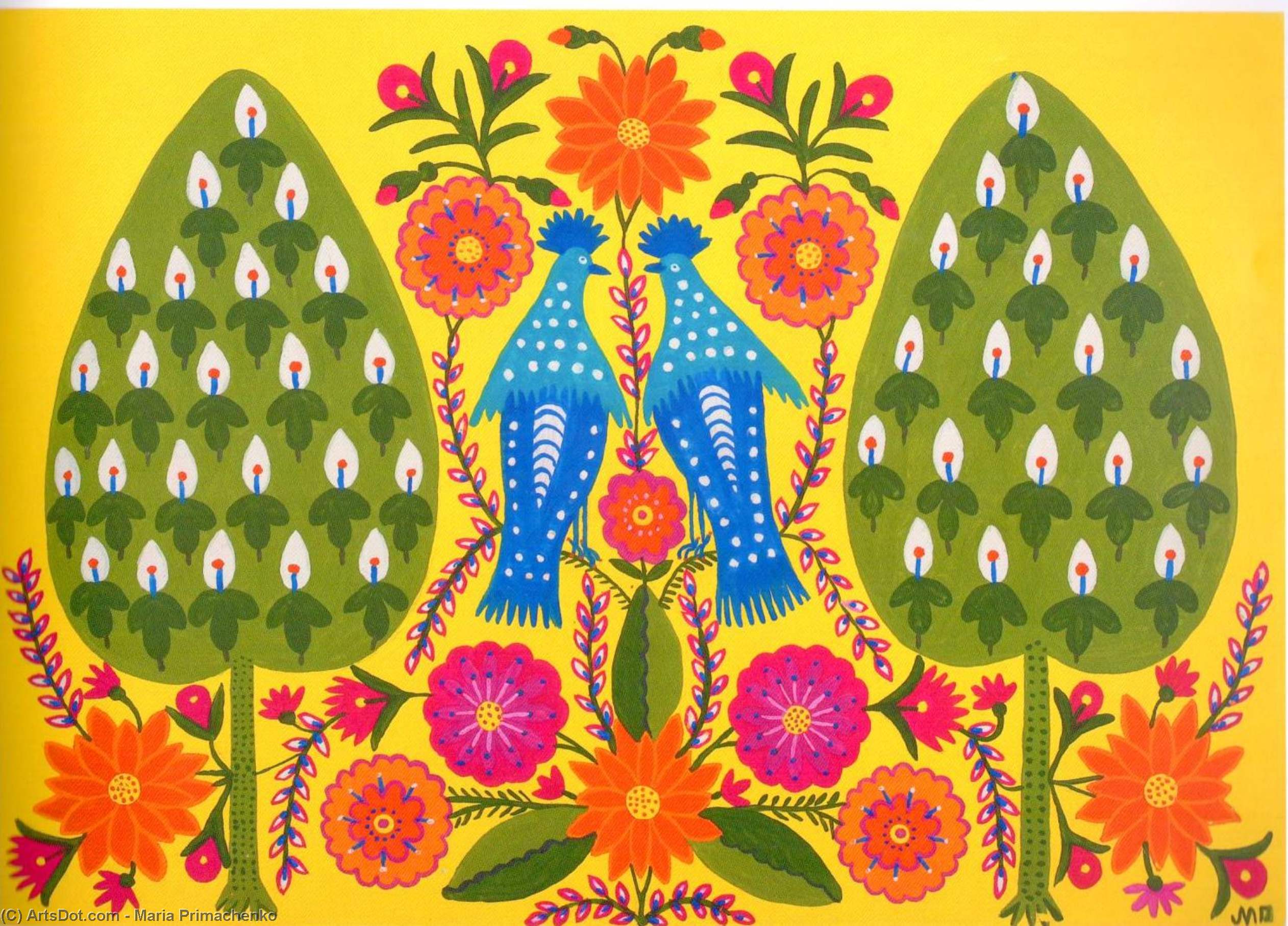 Wikoo.org - موسوعة الفنون الجميلة - اللوحة، العمل الفني Maria Primachenko - Two Blue Tomties - Two Sisters Walk on the Grass