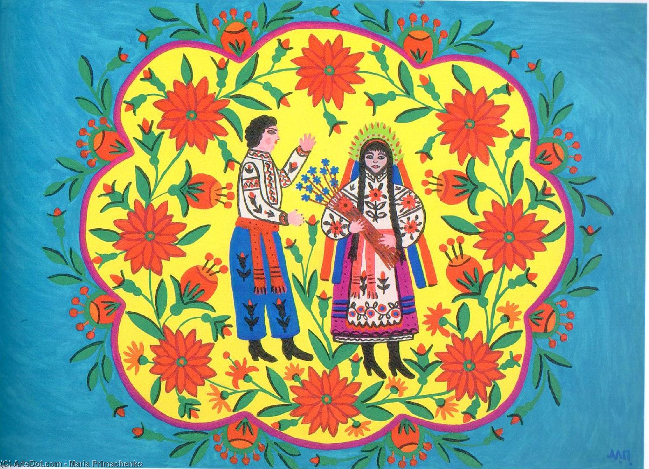 Wikioo.org - The Encyclopedia of Fine Arts - Painting, Artwork by Maria Primachenko - Flax Blooms and a Cossack Goes to a Girl