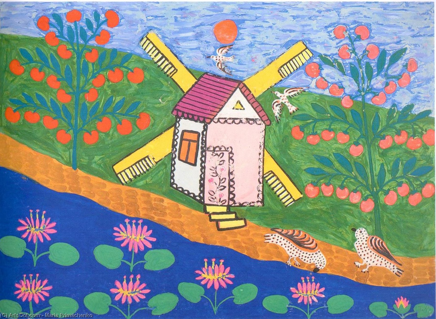 Wikioo.org - Bách khoa toàn thư về mỹ thuật - Vẽ tranh, Tác phẩm nghệ thuật Maria Primachenko - Two Pigeons Drank Water by a Windmill and Ford