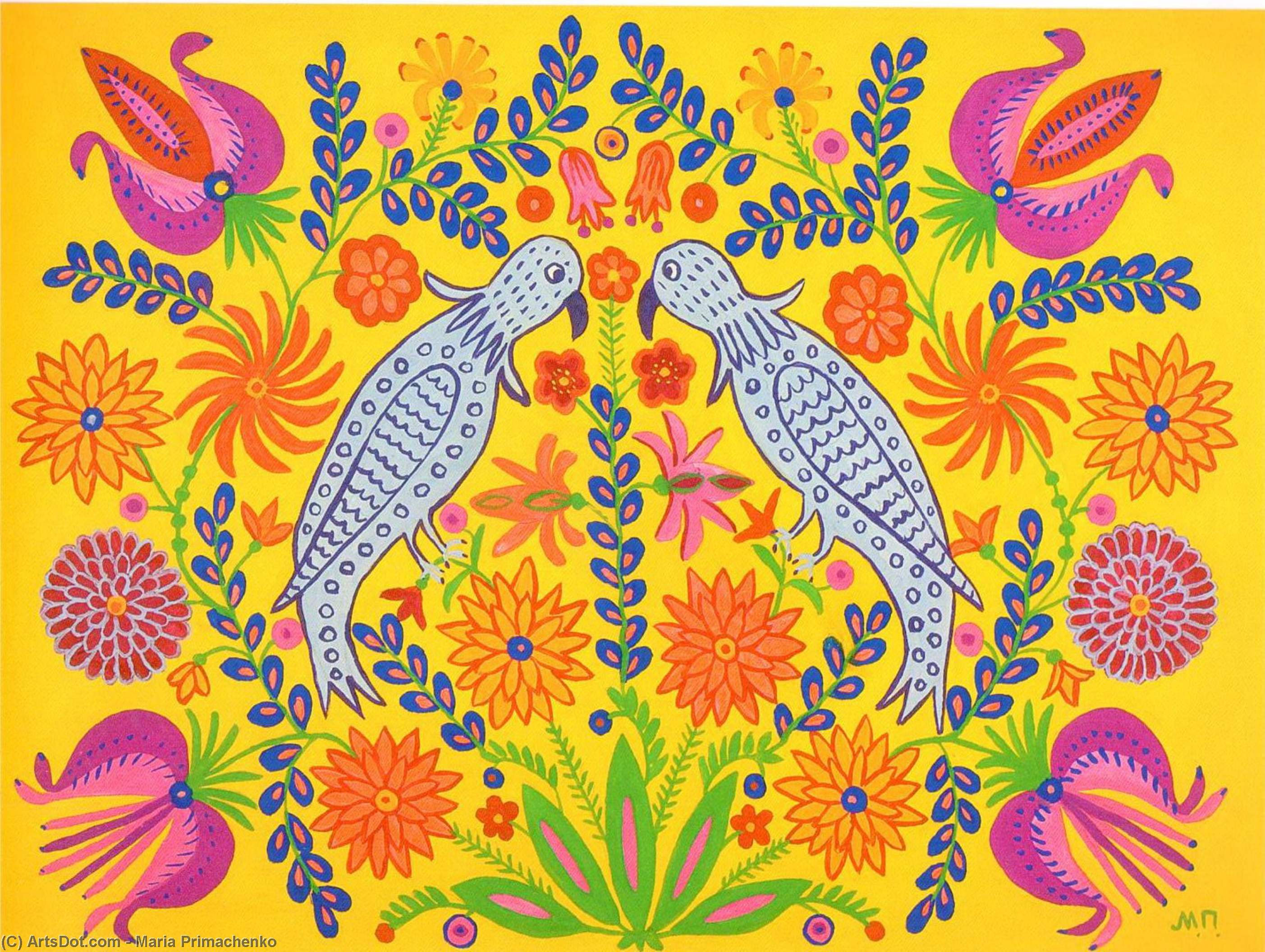 Wikioo.org – L'Enciclopedia delle Belle Arti - Pittura, Opere di Maria Primachenko - due pappagalli preso a passeggiata insieme in primavera