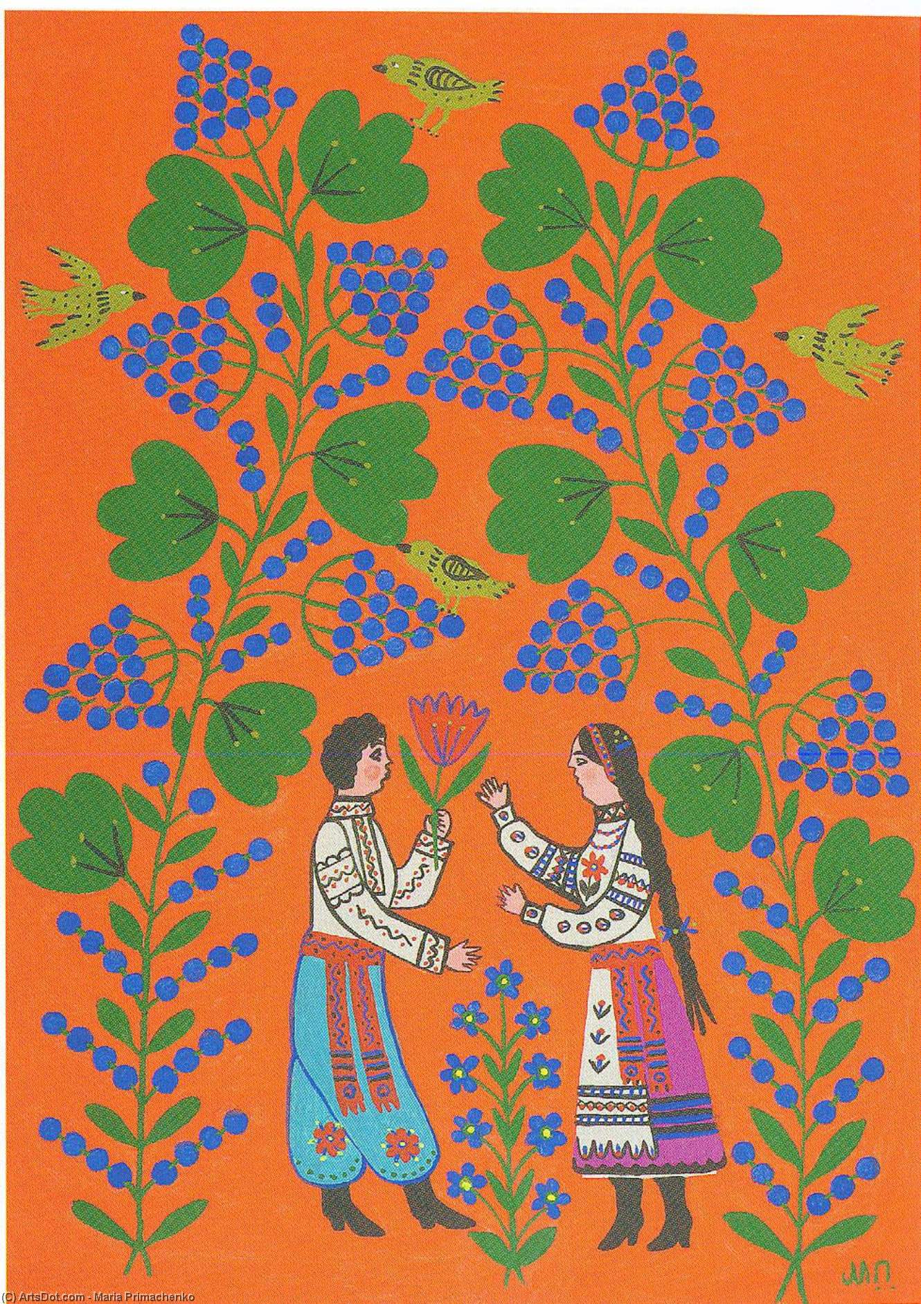 WikiOO.org - אנציקלופדיה לאמנויות יפות - ציור, יצירות אמנות Maria Primachenko - Vania Gives a Flower to Halia