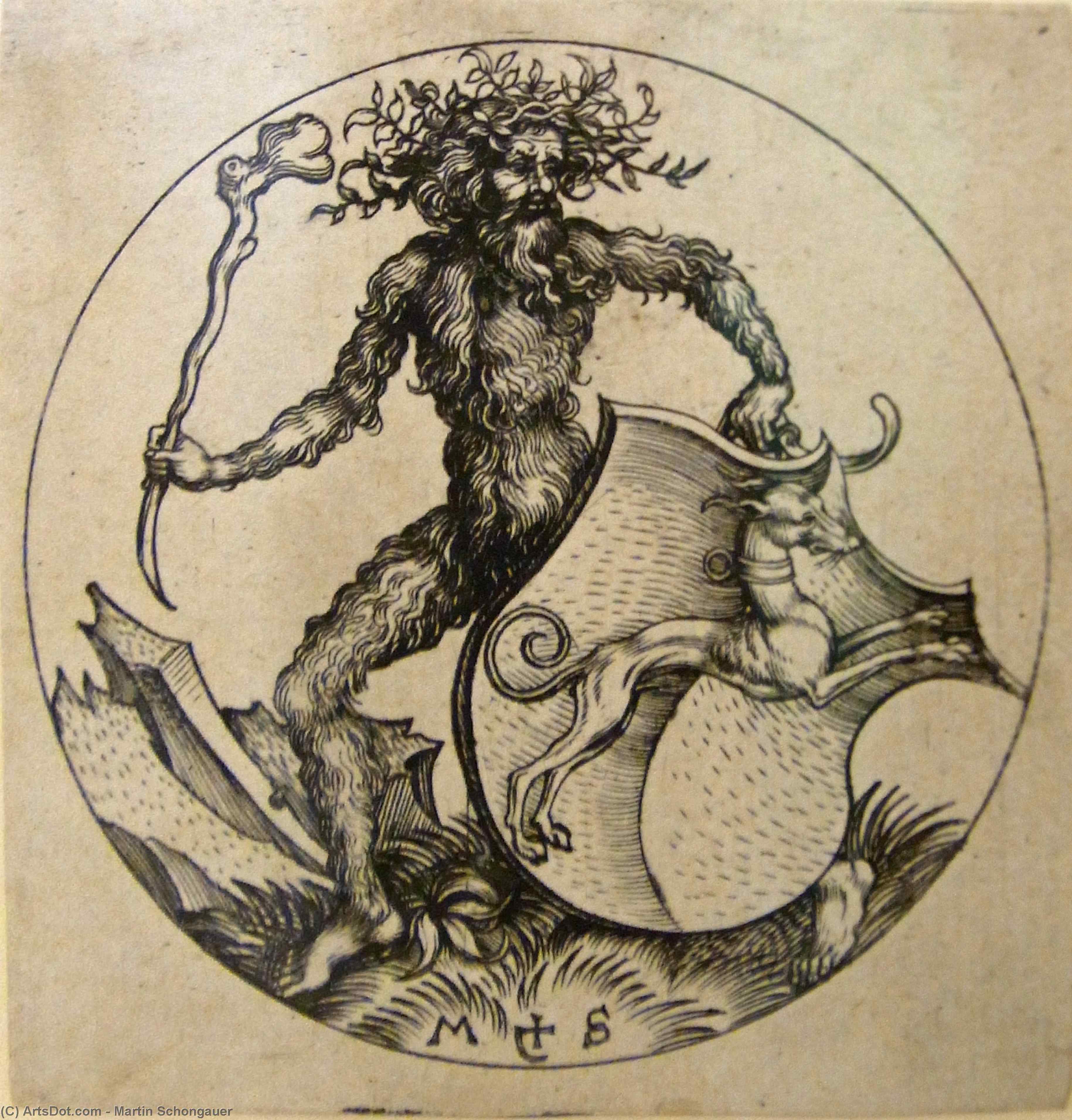 Wikioo.org – La Enciclopedia de las Bellas Artes - Pintura, Obras de arte de Martin Schongauer - Hombre salvaje con escudo
