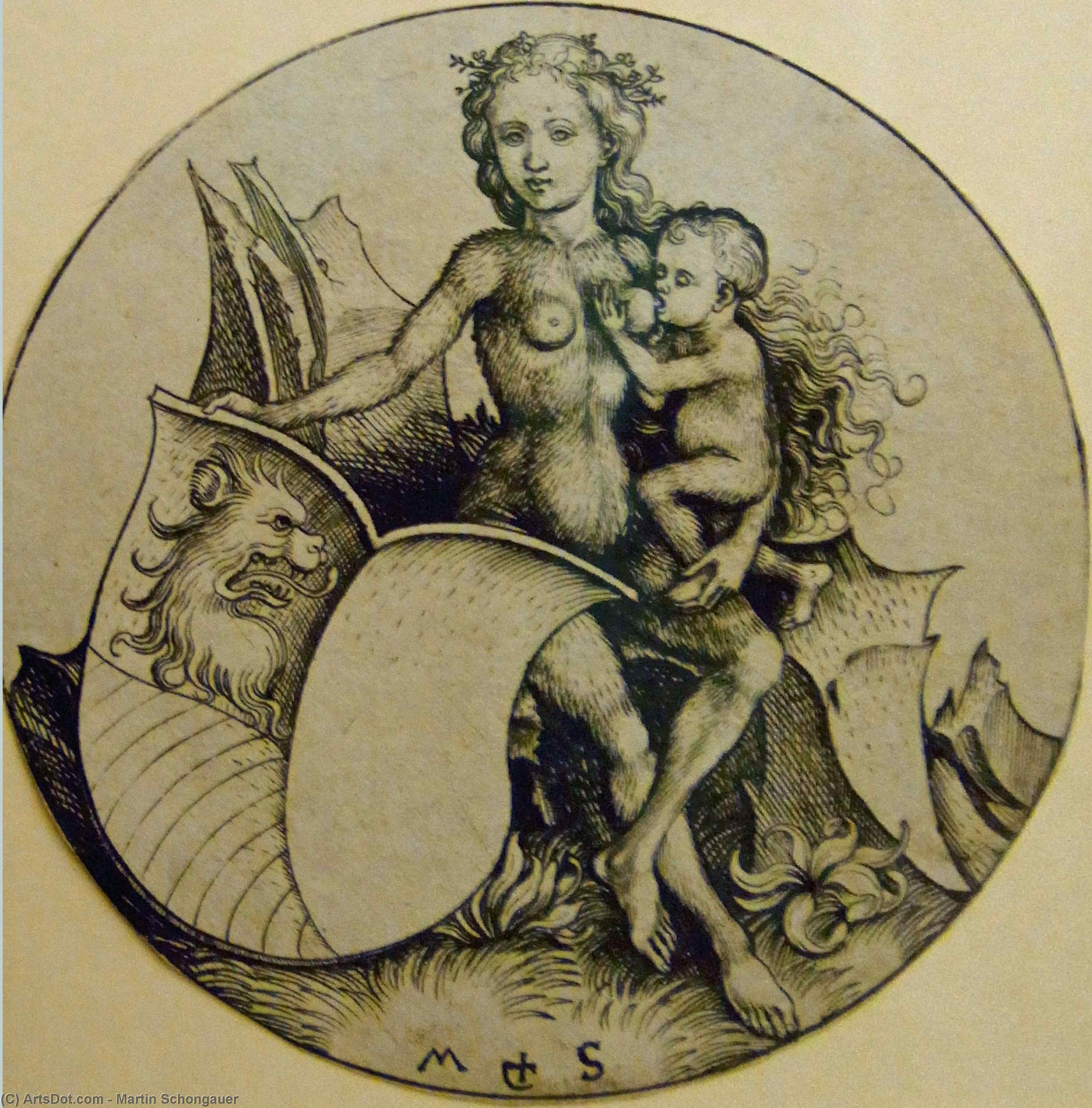 WikiOO.org - Enciclopédia das Belas Artes - Pintura, Arte por Martin Schongauer - Wild woman with shield