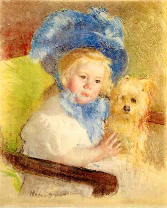 Wikioo.org - The Encyclopedia of Fine Arts - Painting, Artwork by Mary Stevenson Cassatt - Simone in a Large Plumed Hat, Seated, Holding a Griffon Dog