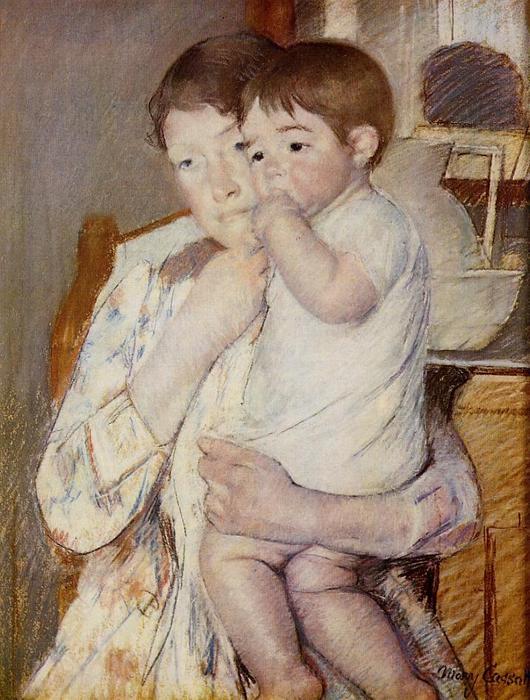 Wikioo.org - The Encyclopedia of Fine Arts - Painting, Artwork by Mary Stevenson Cassatt - Baby in His Mother`s arms, sucking his finger