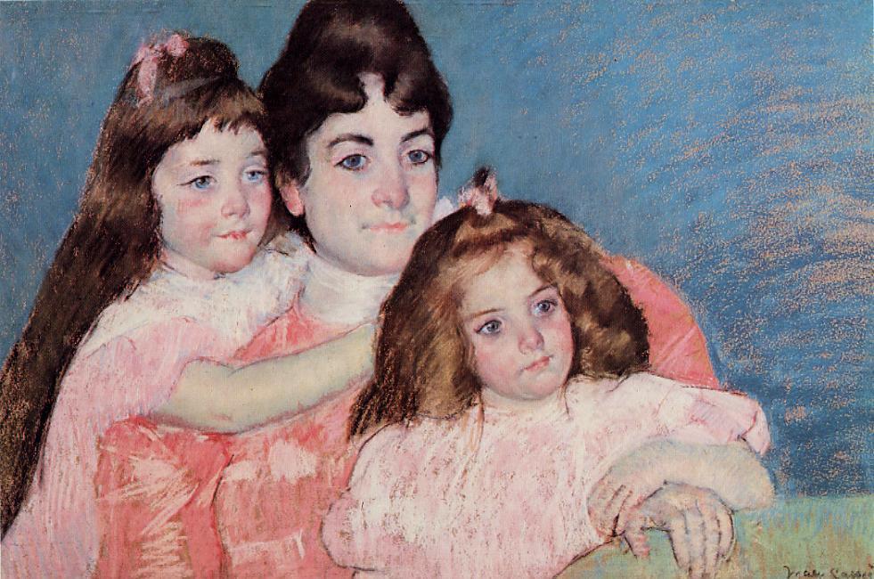 Wikioo.org - The Encyclopedia of Fine Arts - Painting, Artwork by Mary Stevenson Cassatt - Portrait of Madame A. F. Aude and Her Two Daughters