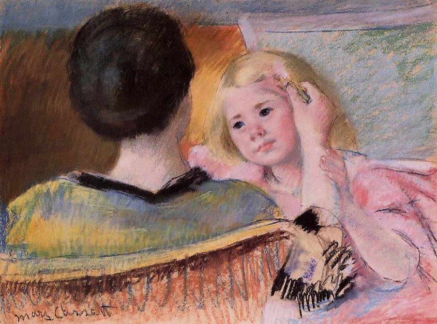 WikiOO.org - Encyclopedia of Fine Arts - Malba, Artwork Mary Stevenson Cassatt - Mother combing Sara's hair