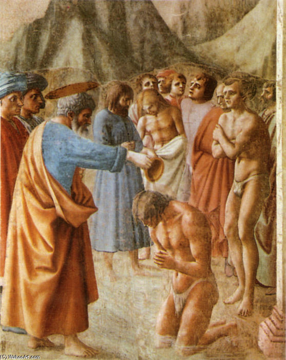 Wikoo.org - موسوعة الفنون الجميلة - اللوحة، العمل الفني Masaccio (Ser Giovanni, Mone Cassai) - Baptism of the Neophytes