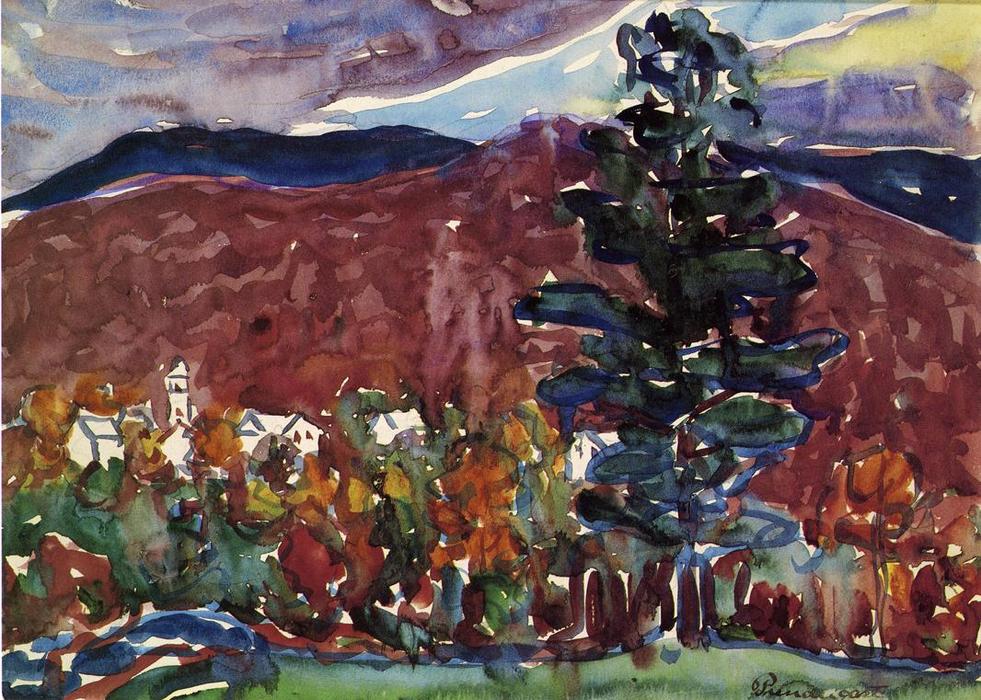 Wikioo.org - The Encyclopedia of Fine Arts - Painting, Artwork by Maurice Brazil Prendergast - Village Against Purple Mountain