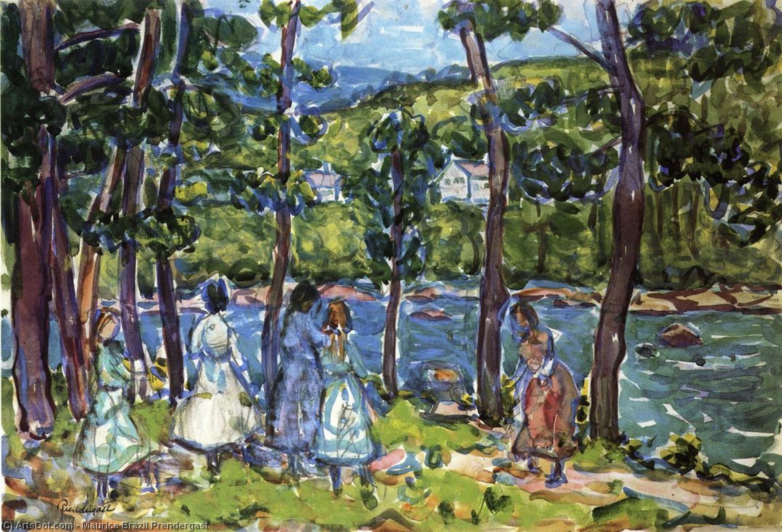 Wikioo.org - The Encyclopedia of Fine Arts - Painting, Artwork by Maurice Brazil Prendergast - Girls on the Riverbank