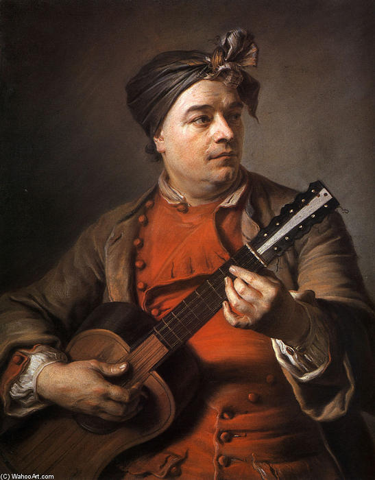 Wikioo.org - The Encyclopedia of Fine Arts - Painting, Artwork by Maurice Quentin De La Tour - Jacques Dumont le Romain playing the guitar