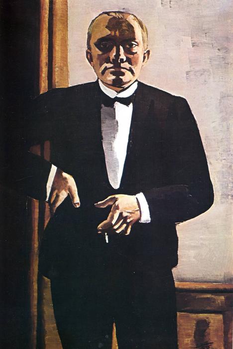Wikioo.org - The Encyclopedia of Fine Arts - Painting, Artwork by Max Beckmann - Self-portrait in front of red curtain