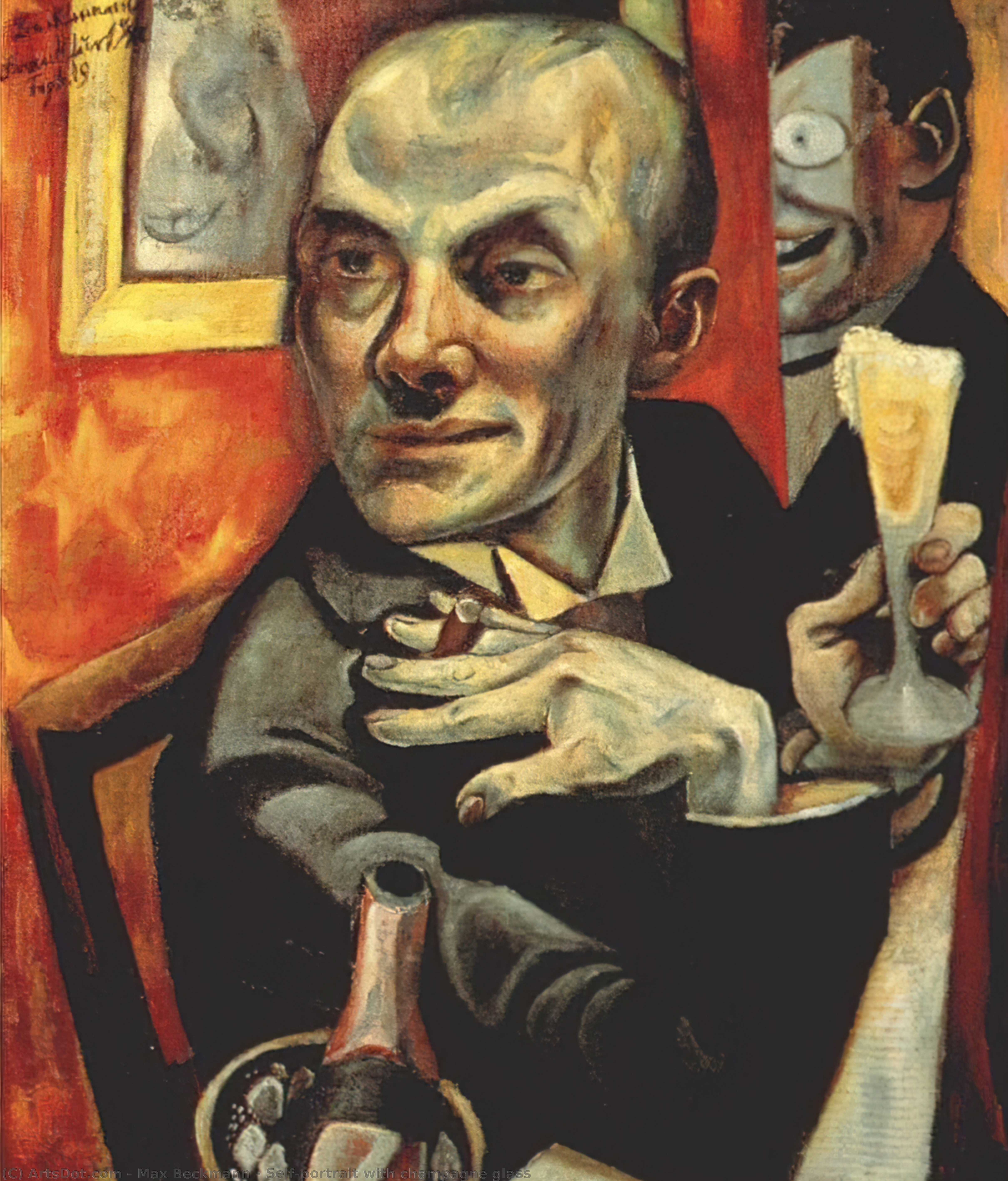 Wikoo.org - موسوعة الفنون الجميلة - اللوحة، العمل الفني Max Beckmann - Self-portrait with champagne glass