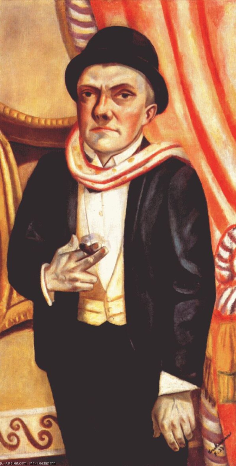 WikiOO.org - Enciklopedija dailės - Tapyba, meno kuriniai Max Beckmann - Self-portrait in front of red curtain