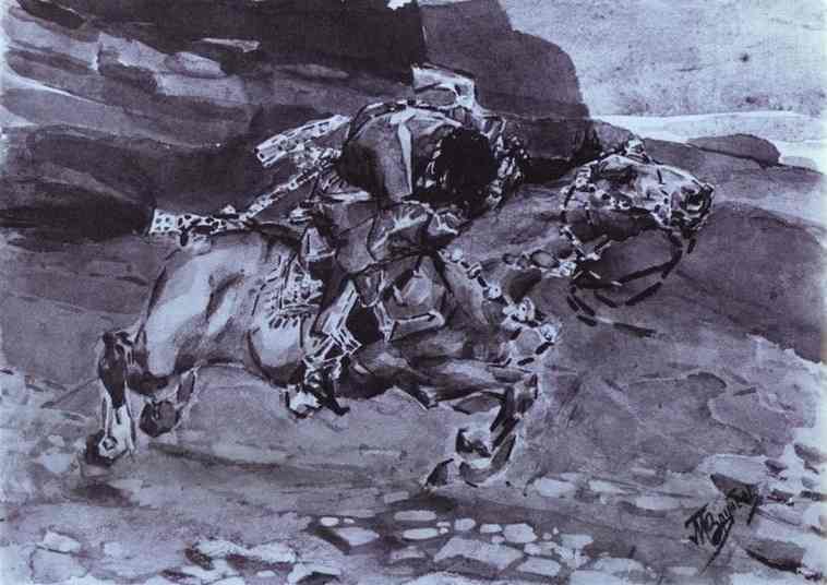 Wikioo.org – L'Encyclopédie des Beaux Arts - Peinture, Oeuvre de Mikhail Vrubel - Rider ( est réalisée cheval plus rapide des daims ... )