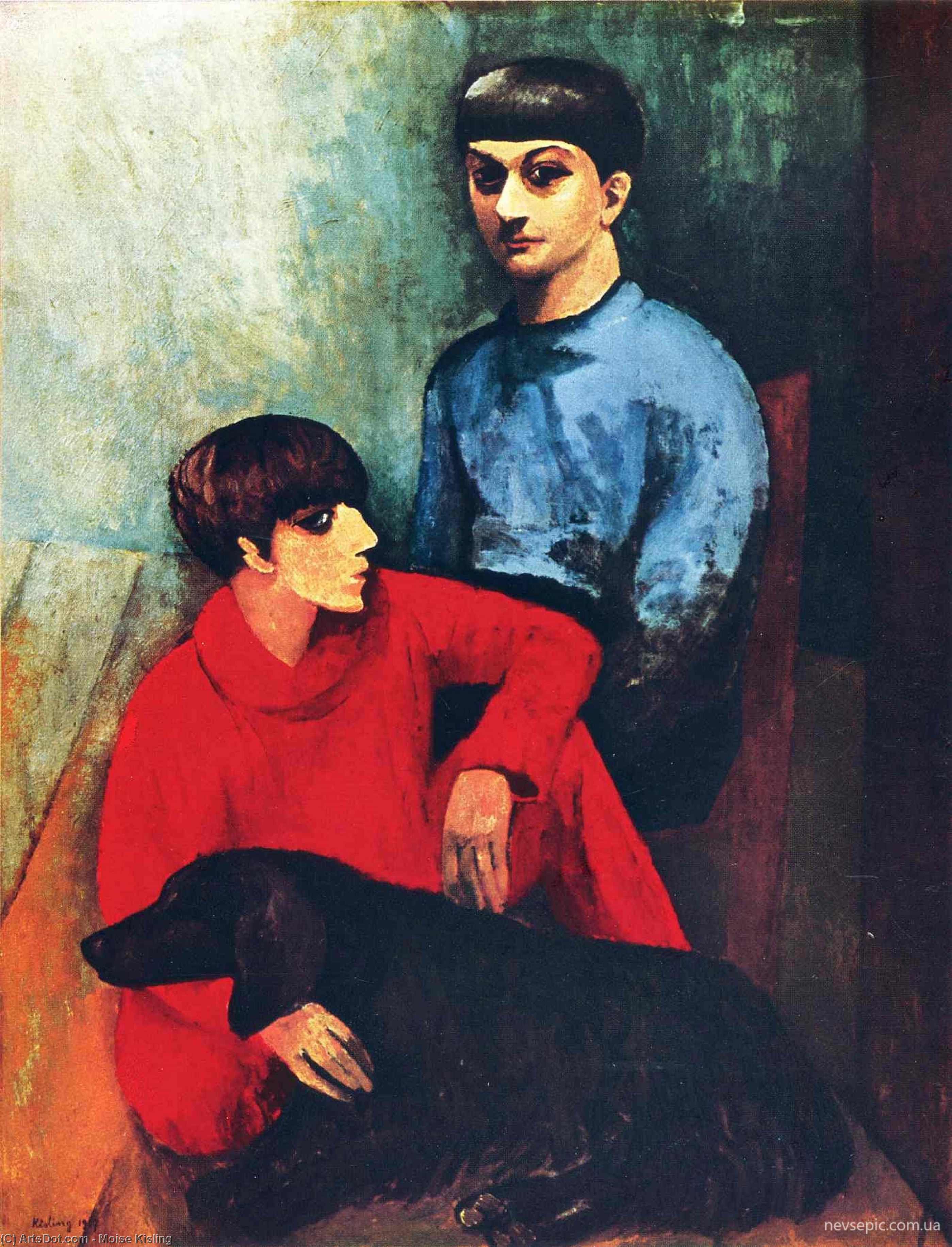 Wikioo.org - The Encyclopedia of Fine Arts - Painting, Artwork by Moise Kisling - Self-portrait with his wife Renee and dog Kouski