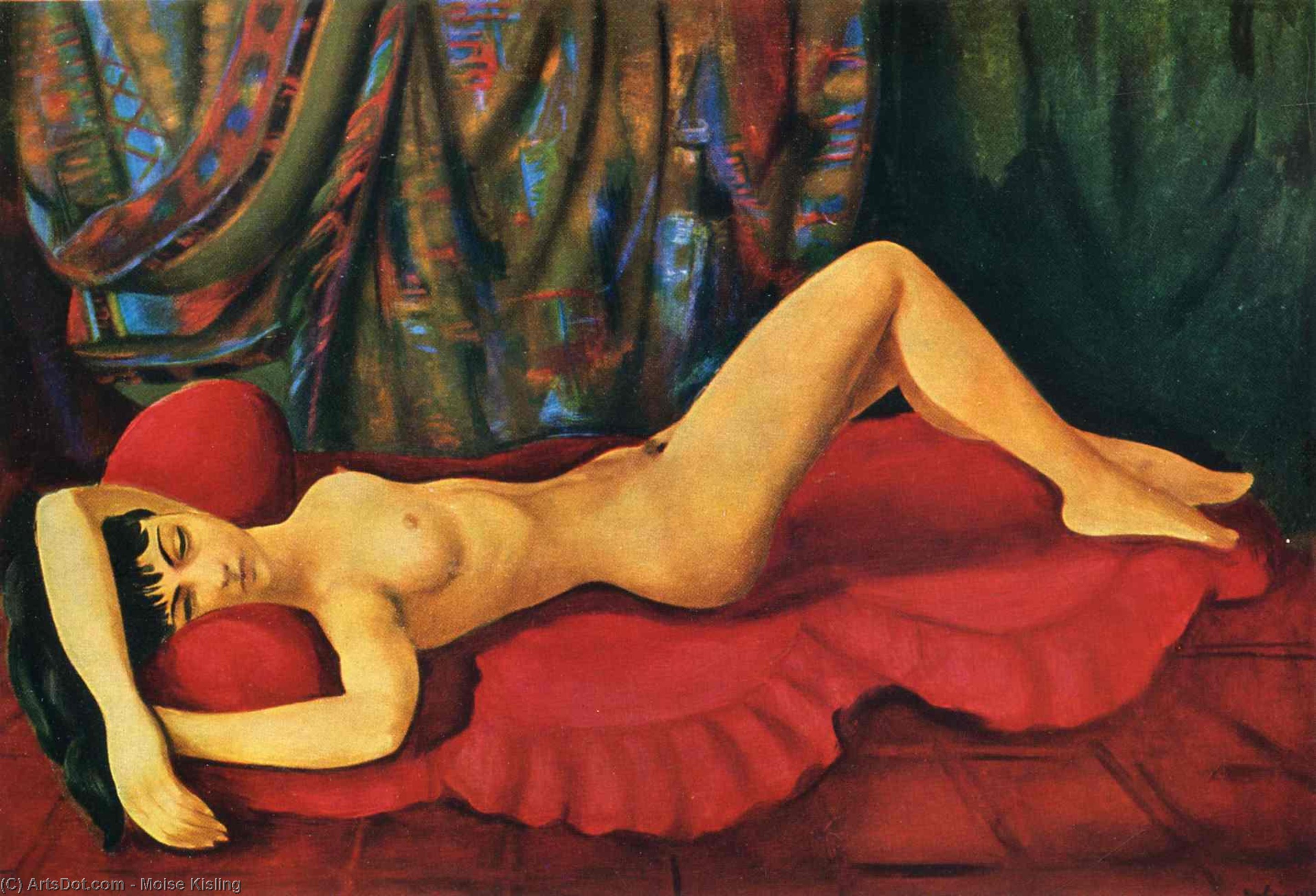 Wikioo.org - The Encyclopedia of Fine Arts - Painting, Artwork by Moise Kisling - Large nude Josan on red couch