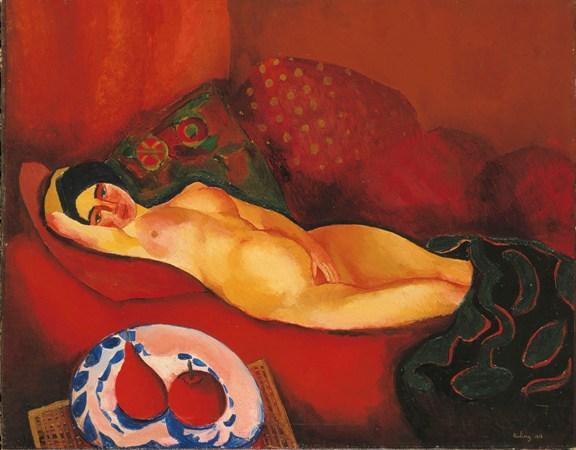 Wikioo.org - The Encyclopedia of Fine Arts - Painting, Artwork by Moise Kisling - Nude on red couch