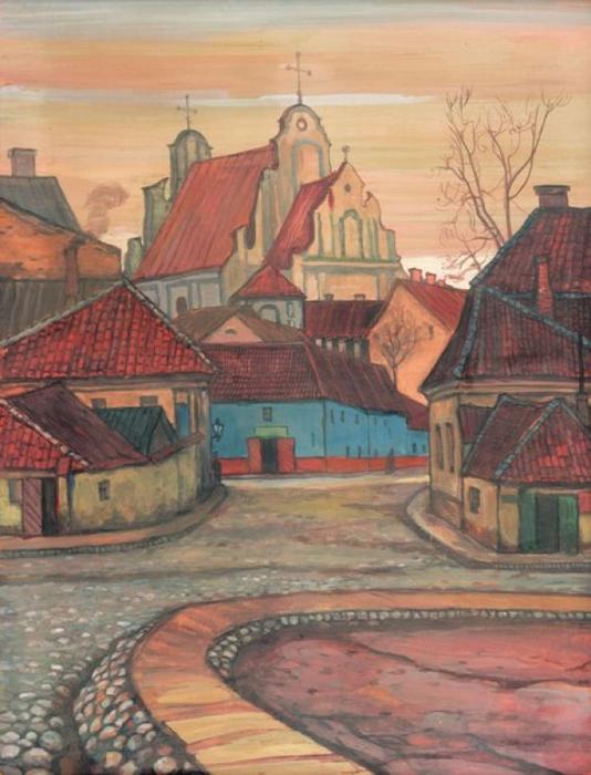 Wikioo.org - The Encyclopedia of Fine Arts - Painting, Artwork by Mstislav Dobuzhinsky - Roadway in Vilnius