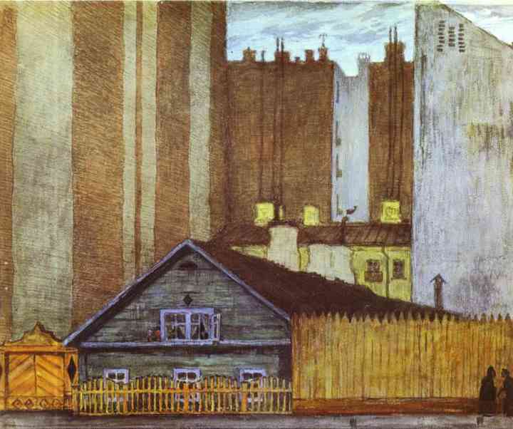 WikiOO.org - Encyclopedia of Fine Arts - Lukisan, Artwork Mstislav Dobuzhinsky - A Cottage in St. Petersburg
