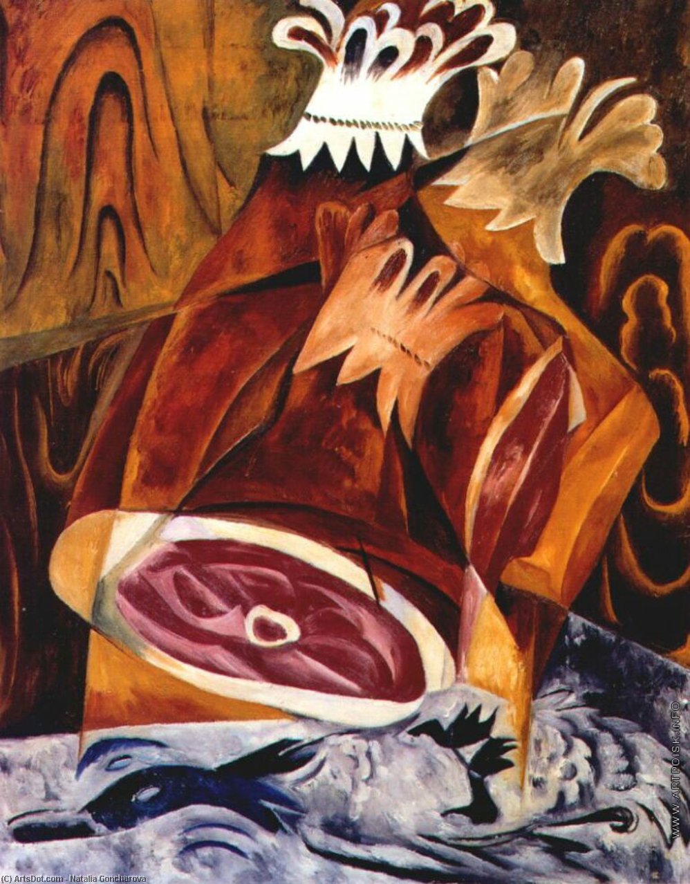 Wikioo.org - The Encyclopedia of Fine Arts - Painting, Artwork by Natalia Sergeevna Goncharova - Still life with ham
