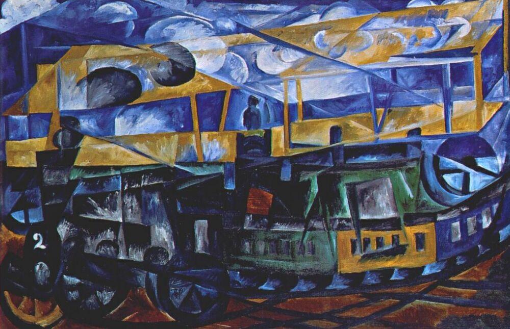 Wikioo.org - The Encyclopedia of Fine Arts - Painting, Artwork by Natalia Sergeevna Goncharova - Airplane over train