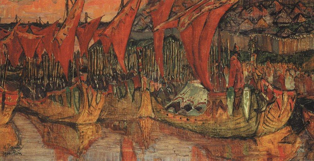 Wikioo.org – L'Enciclopedia delle Belle Arti - Pittura, Opere di Nicholas Roerich - Campagna di Vladimir a Korsun (Red Sails)