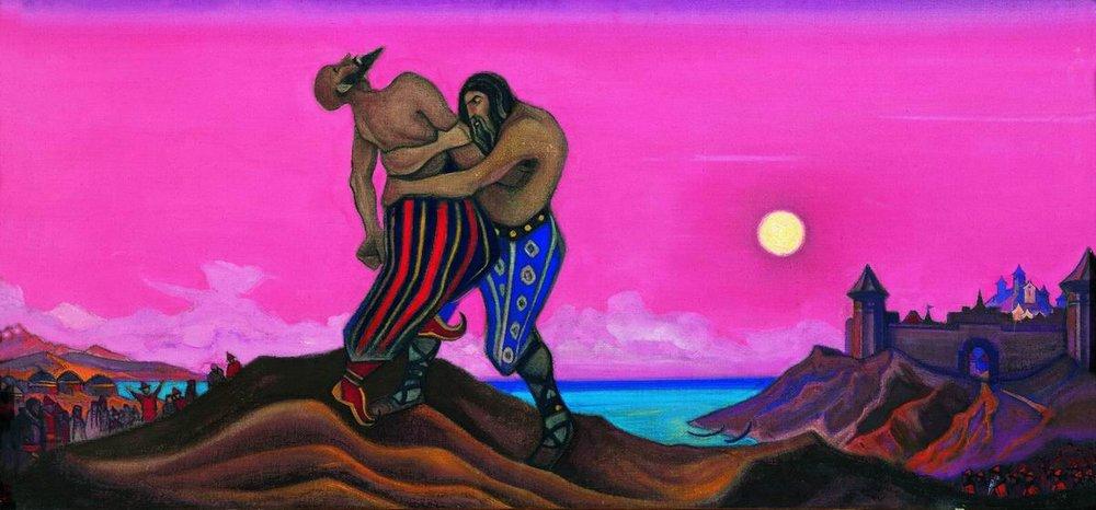 WikiOO.org - Enciklopedija likovnih umjetnosti - Slikarstvo, umjetnička djela Nicholas Roerich - Mstislav's duel with Rededia