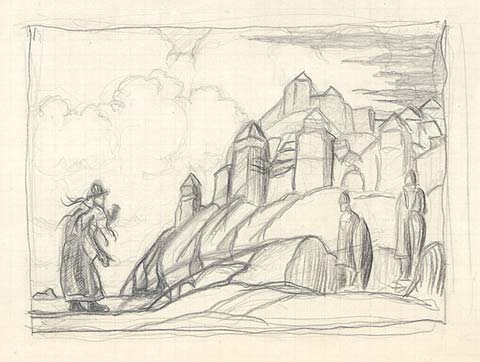 Wikioo.org - The Encyclopedia of Fine Arts - Painting, Artwork by Nicholas Roerich - Sketch with woman in front of city walls